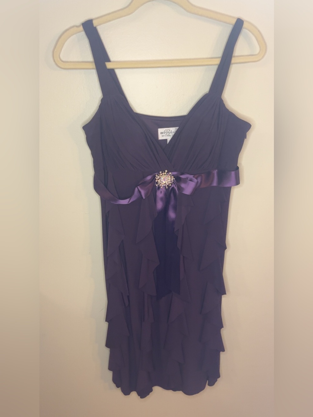 Betsy & Adam Deep Purple Ruffle Cocktail Dress with Satin Waist Bow